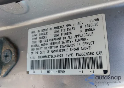 2006 Honda Accord 2.4 Vp из США, поврежденный, VIN 1HGCM56176A044242